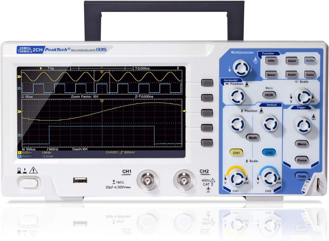 PeakTech P 1335 20 MHz 2-Kanal Digital-Speicher-Oszilloskop mit USB-Schnittstelle, 15 W, 240 V, 20 M