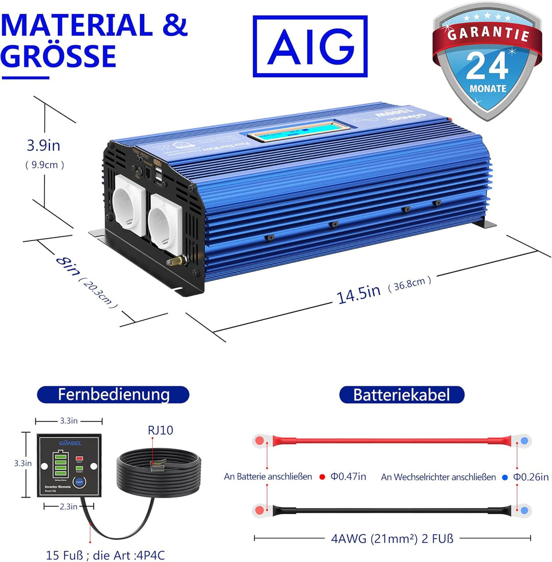 Reiner Sinus Wechselrichter 1500W Spannungswandler 12V auf 230V Power Inverter mit 2 AC-Steckdosen 2