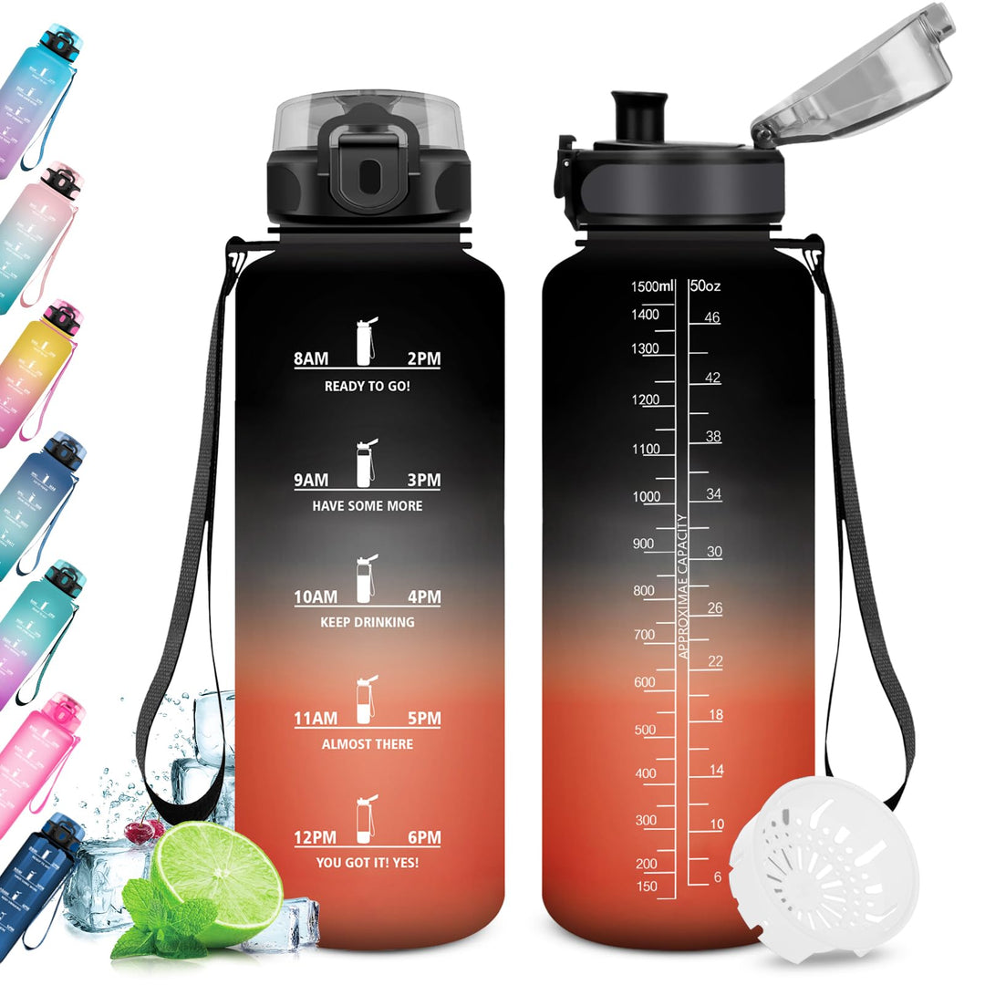 KollyKolla Trinkflasche Kohlensäure Geeignet, 500ml/1L/1.5L, Sport Trinkflasche mit Zeitmarkierung,