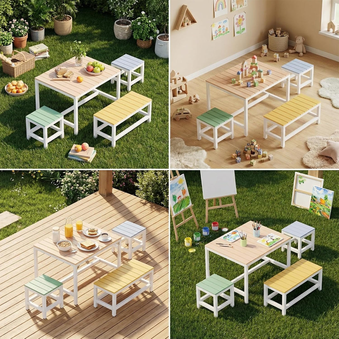 MAMIZO Kindertisch Pappelholz Massivholz, Kinder Tisch Stuhl Set Garten mit wasserdichte Abdeckung,