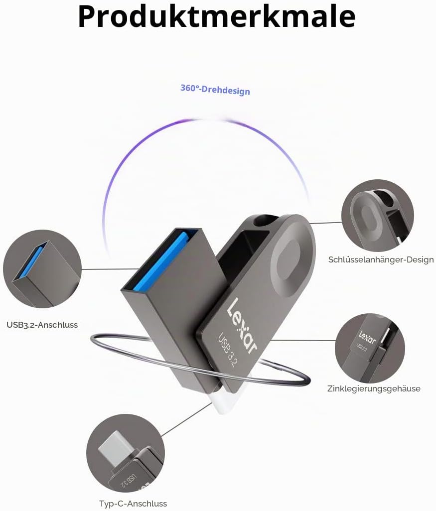 Lexar USB-Stick 3.2 128 GB, Gen 1, USB C & USB A, Lesegeschwindigkeit bis zu 100 MB/s, unterstützt O