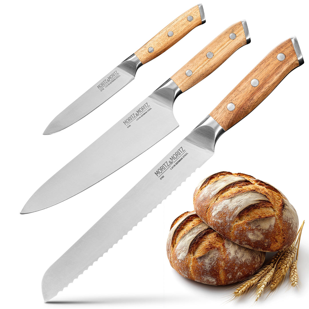 Moritz & Moritz Basic Messerset 3-teilig bestehend aus Universalmesser, Brotmesser und Kochmesser –