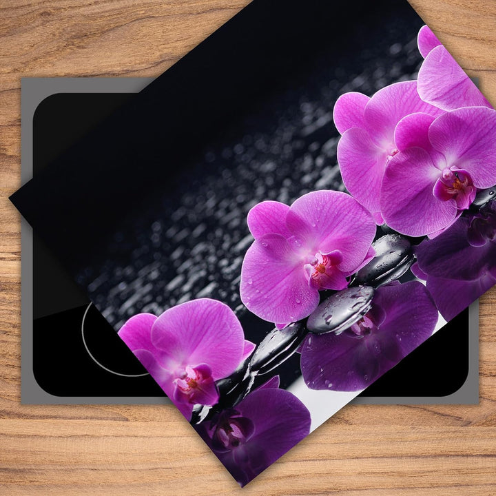 SmartDecoration Herdabdeckplatte Ceranfeldabdeckung aus Glas 60x52 cm Einteilig Motiv "Blumen" Viole