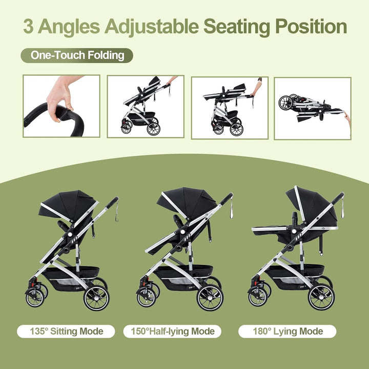 Gcarebb 3 in 1 Kinderwagen, Buggy Mit Auto Babyschale, Mit Einem Klick Zusammenklappbarer Tragbarer