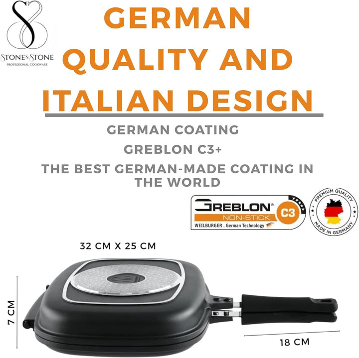 Stone&Stone Doppelseitige Grillpfannen 32 cm, steinbeschichtete Antihaftpfannen Deutsche Qualität Gr
