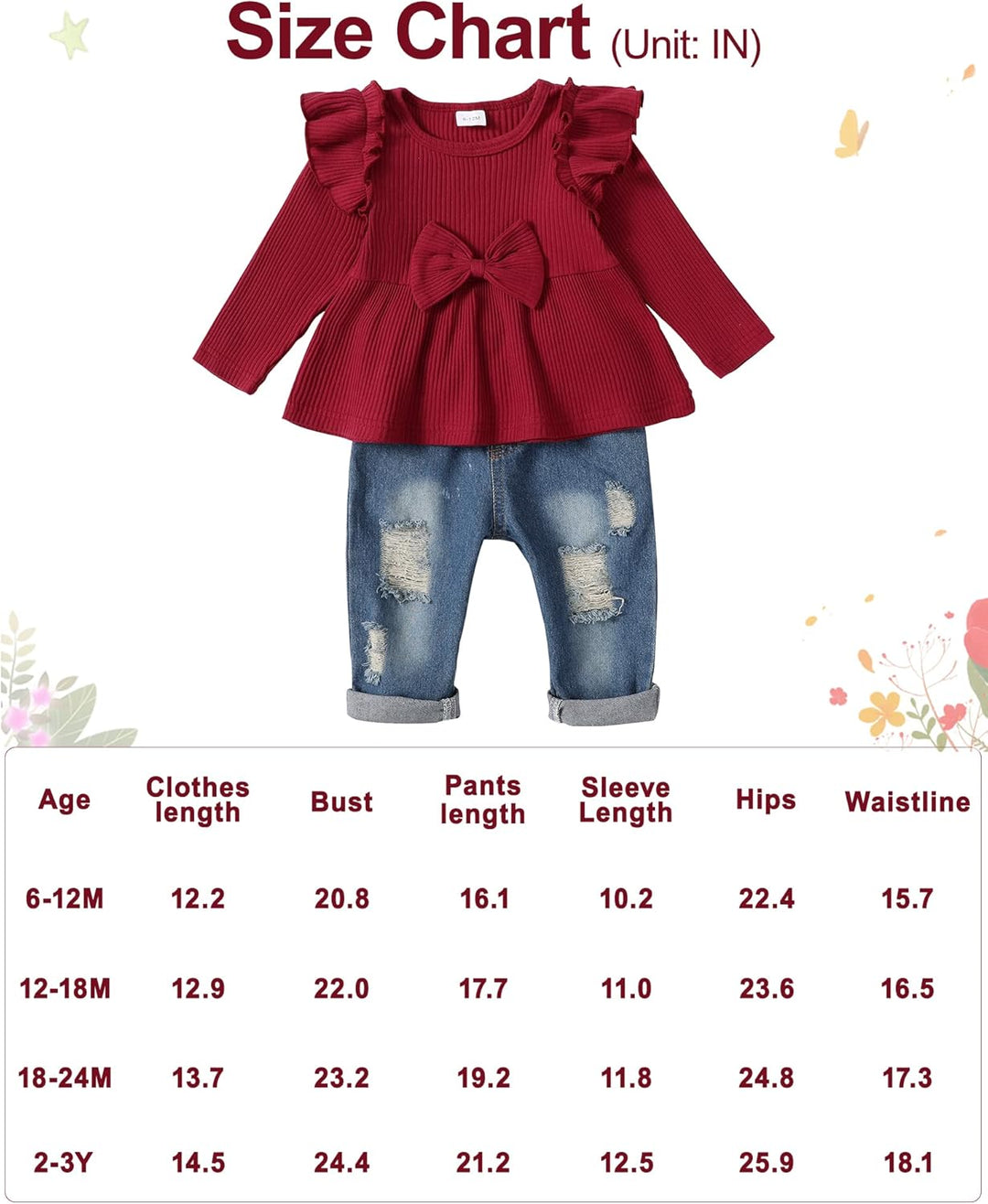 Baby-Mädchen Bekleidungssets Rüschen Langarm Top + Jeans Hosen 2tlg Kleinkinder Mädchen Geburtstag O