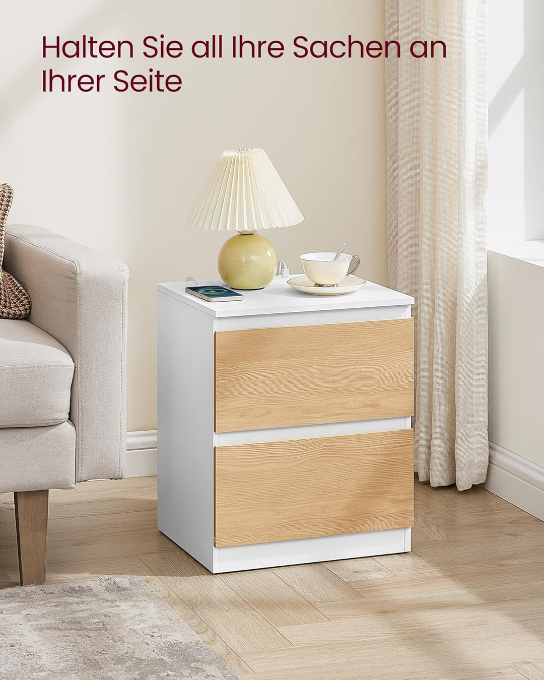 VASAGLE Kailyn Kollektion - Nachttisch mit Steckdosenleiste, 2er Set, Beistelltisch 2 Schubladen, 2