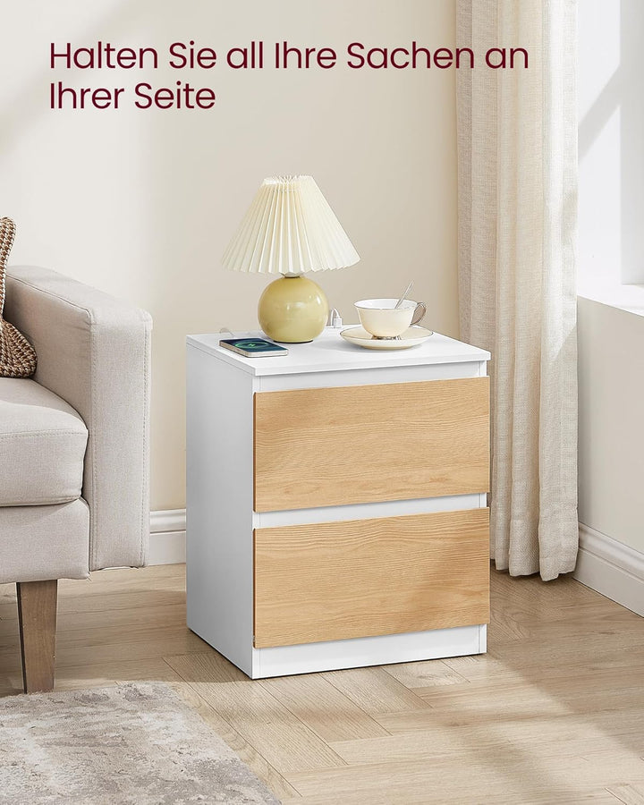 VASAGLE Kailyn Kollektion - Nachttisch mit Steckdosenleiste, 2er Set, Beistelltisch 2 Schubladen, 2