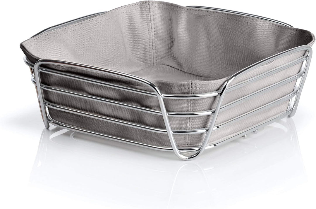 blomus -DELARA- Brotkorb L aus verchromtem Stahl, Taupe, Baumwoll-Stofftasche, trendiges und moderne
