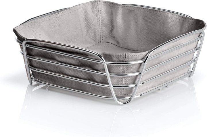 blomus -DELARA- Brotkorb L aus verchromtem Stahl, Taupe, Baumwoll-Stofftasche, trendiges und moderne