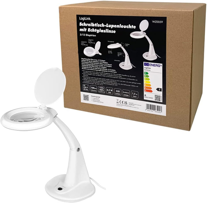 Logilink WZ0059 - Vergrösserungsglas-Schreibtischleuchte, 3 & 12 Dioptrien, Weiss, 3 & 12 Dioptrien