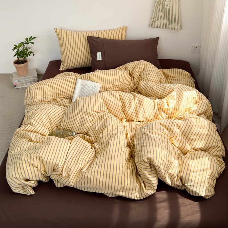 Bettwäsche 200x200 Gelb Braun Gestreift Streifen mit 2 Kissenbezug 80x80cm Gelb Streifen 200x200cmx1