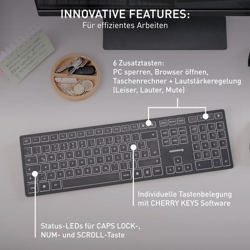 CHERRY KW 9100 Slim, kabellose Design-Tastatur, Schweizerisches Layout (QWERTZ), wahlweise Bluetooth