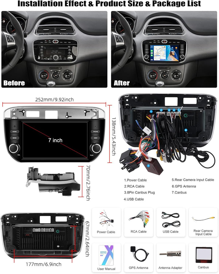 2G+64G CAMECHO Android 15 Autoradio mit Navi für FIAT Punto 2012-2015, Carplay Wireless Android Auto