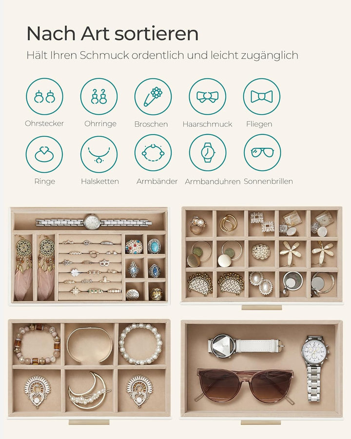 SONGMICS Schmuckkästchen, Schmuckkasten mit 4 Ebenen, Schmuckbox mit Glasdeckel, 3 Schubladen, für S