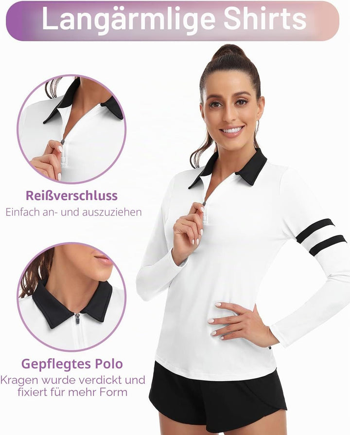 Soneven 1/4 Reissverschluss Golf Poloshirt Damen Langarm Polohemd Sport Polo Langarmshirt Damen Spor