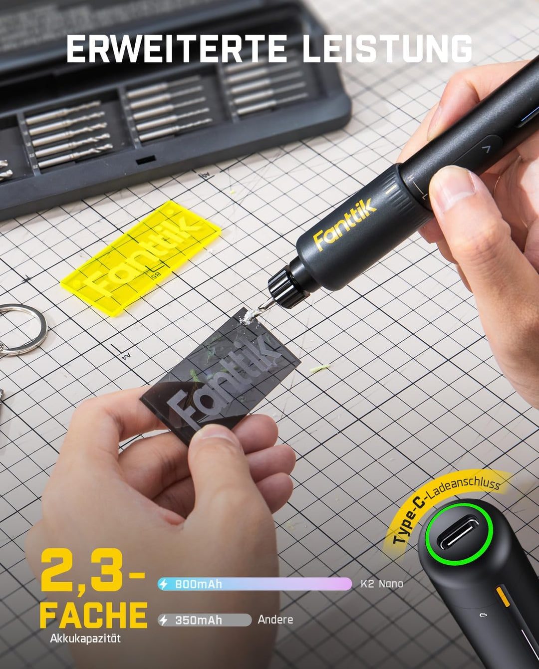 Fanttik K2 Nano 3,7 V Elektro-Mini-Bohrstift, Mini Bohrmaschine mit 20 Bohrern, 800-mAh-Akku, DIY Ha