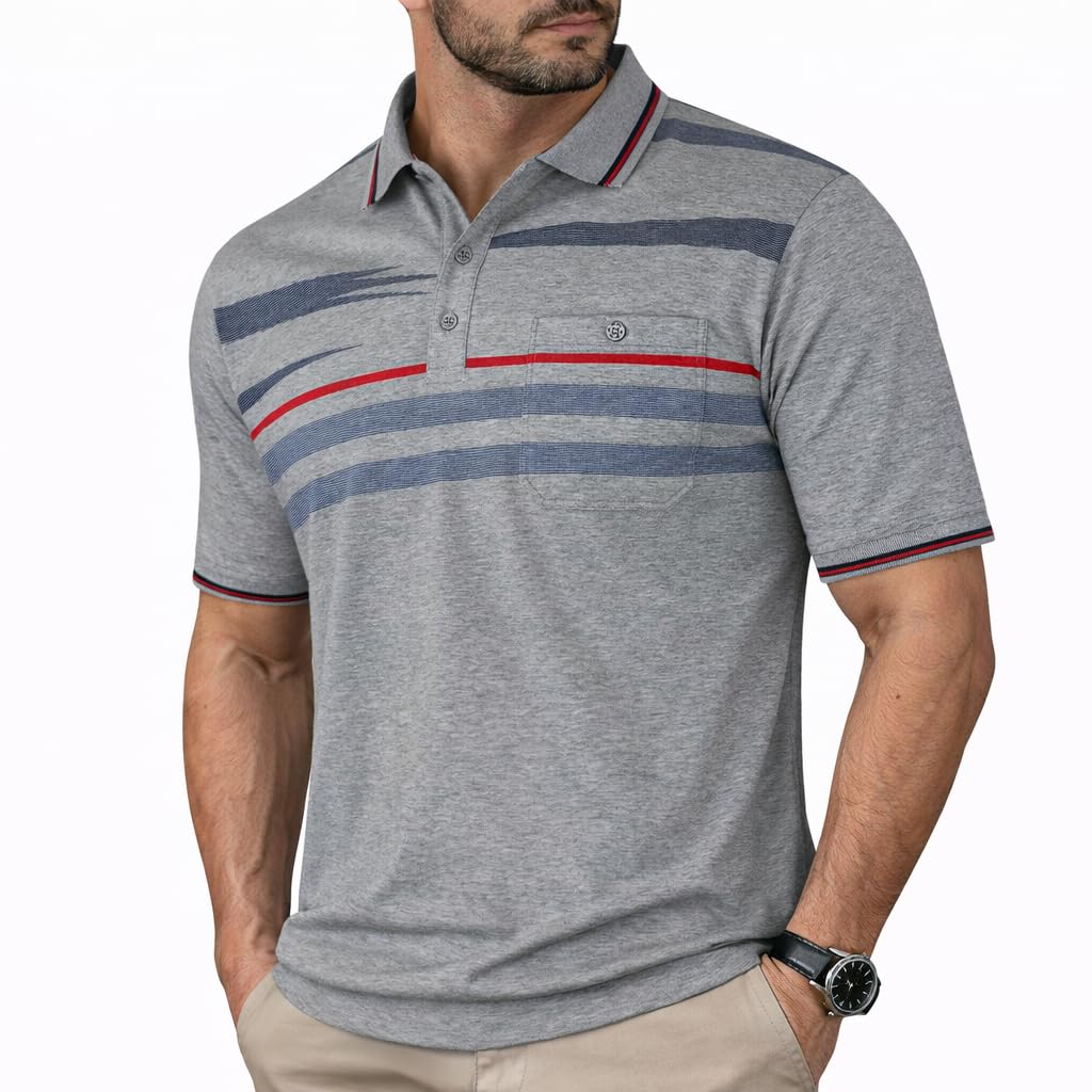 Soltice Polo Shirts Herren Kurzarm, Blousonshirts, Gestreifte Polohemden mit Brusttasche aus Baumwol