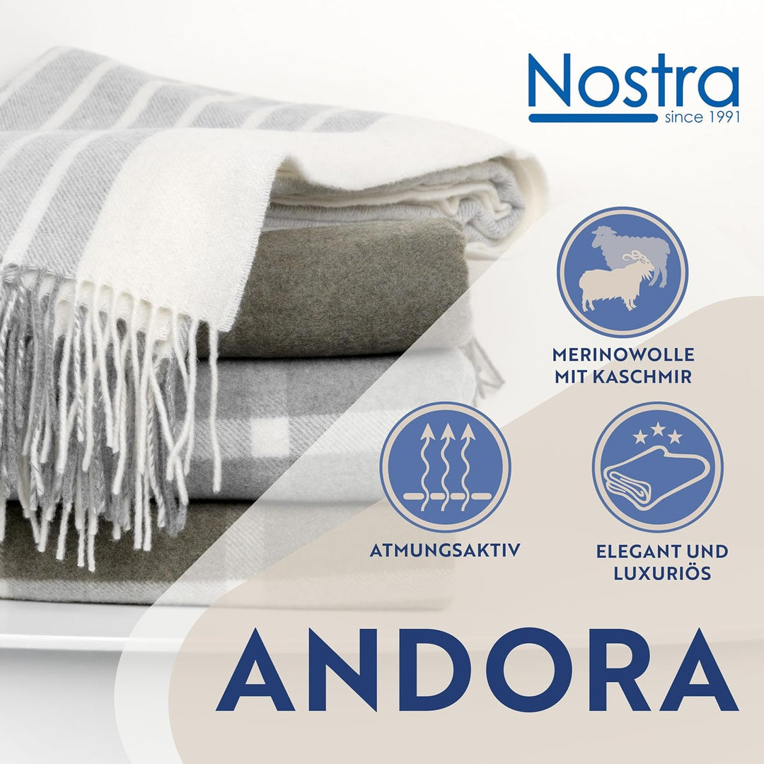 Nostra Andora Tagesdecke 140x200, Grau | Picnic Blanket | Weiche Merino Wolldecke mit 10% Kaschmir |