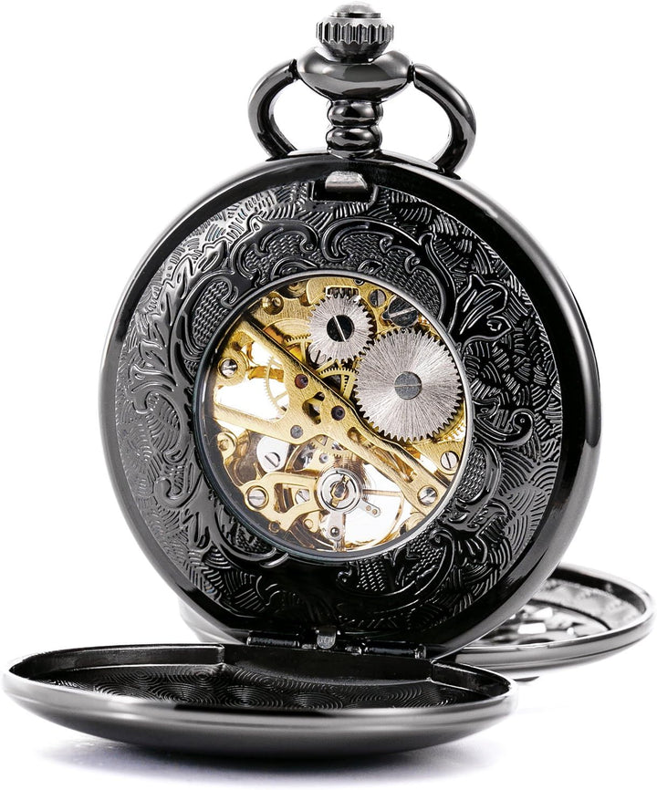 TREEWETO Unisex Taschenuhr mit Kette Analog Handaufzug Doppelscharnier Antik Drache Skelett Schwarz