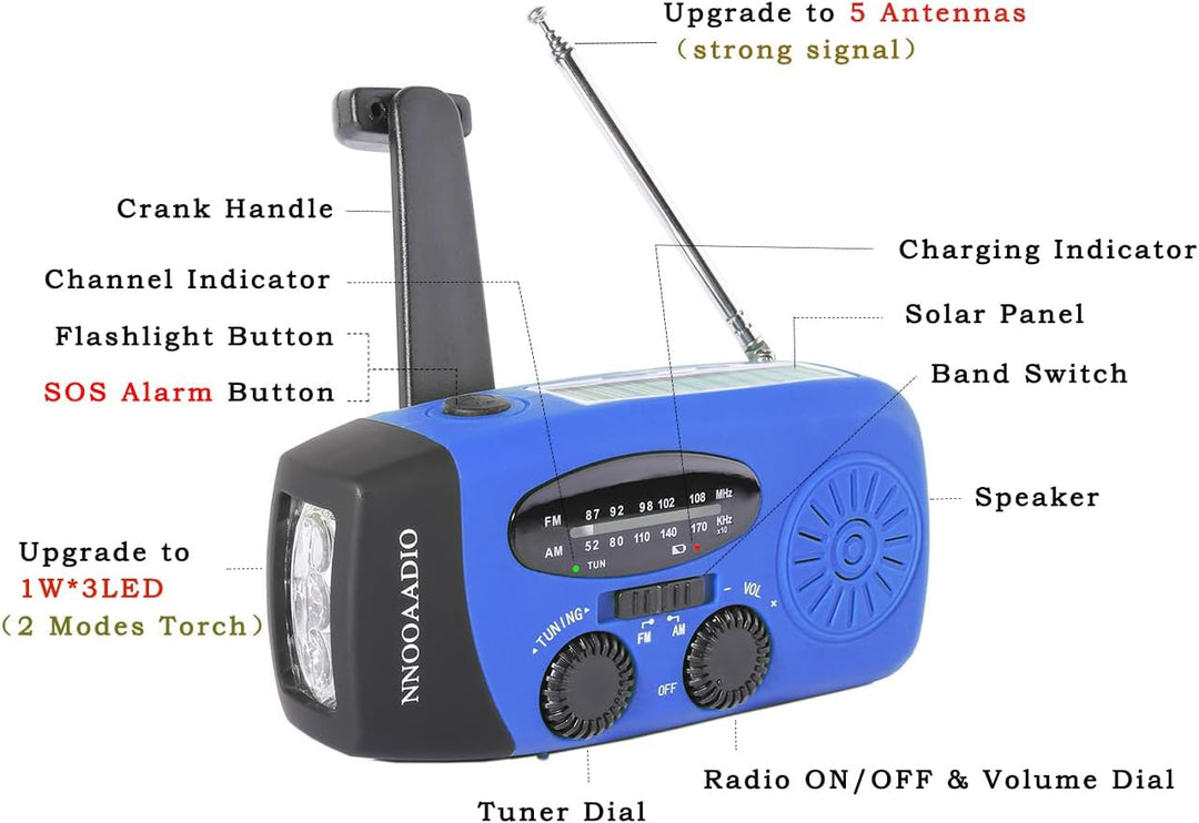 NNOOAADIO Solar Kurbelradio, Notfallradio wiederaufladbar 2000mAh Power Bank AM/FM Wetterradio mit S