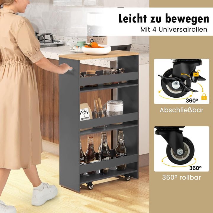 COSTWAY Nischenwagen 20cm breit, 4 Etagen Küchenwagen schmal, Nischenregal auf Rollen, Servierwagen