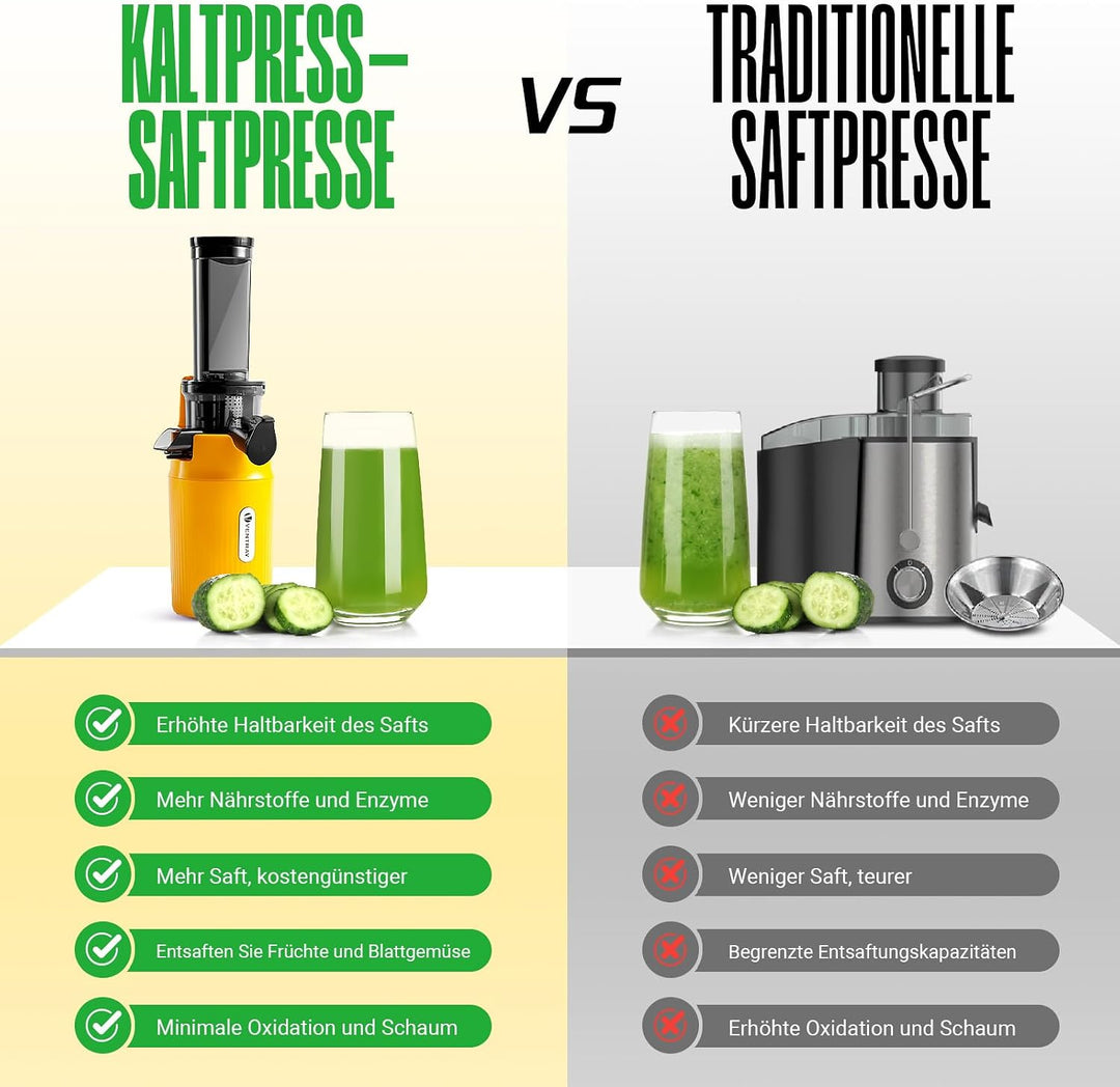 Ventray Ginnie Entsafter | Slow Juicer mit 60 U/min | 45mm Öffnung | Rückwärts Funktion und Zwei Fil