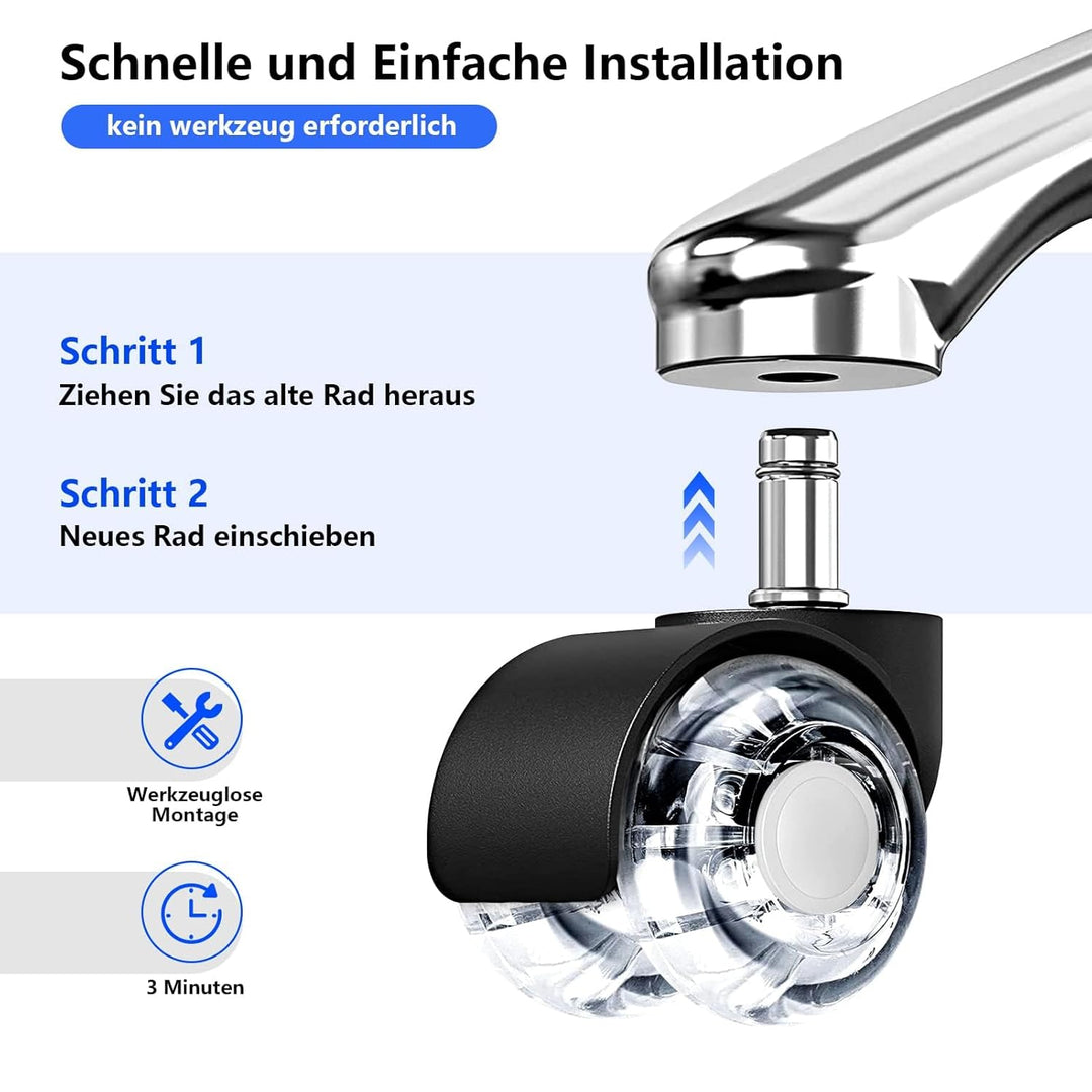 Bürostuhl Rollen 5er Set, 10mm x 22mm Hartboden Rollen für IKEA und Topstar, Superleise Rollen für H