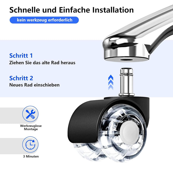 Bürostuhl Rollen 5er Set, 10mm x 22mm Hartboden Rollen für IKEA und Topstar, Superleise Rollen für H