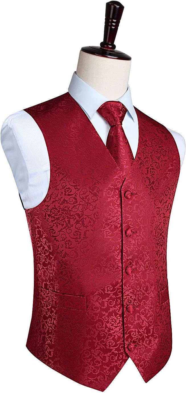HISDERN Herren FLoral Hochzeit Weste Krawatte Einstecktuch Taschentuch Jacquard Weste Anzug Set XS B