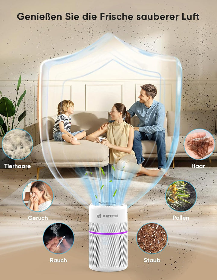 DAYETTE Luftreiniger für Schlafzimmer &amp; Allergiker | HEPA Filter gegen Pollen Staub Tierhaare Schimm