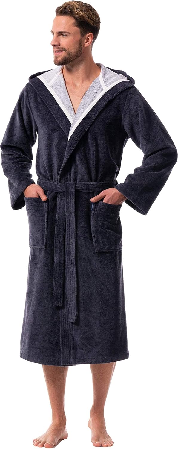Morgenstern Bademantel Herren mit Kapuze Luxus Frottee Velours Lang XXL Grau, XXL Grau
