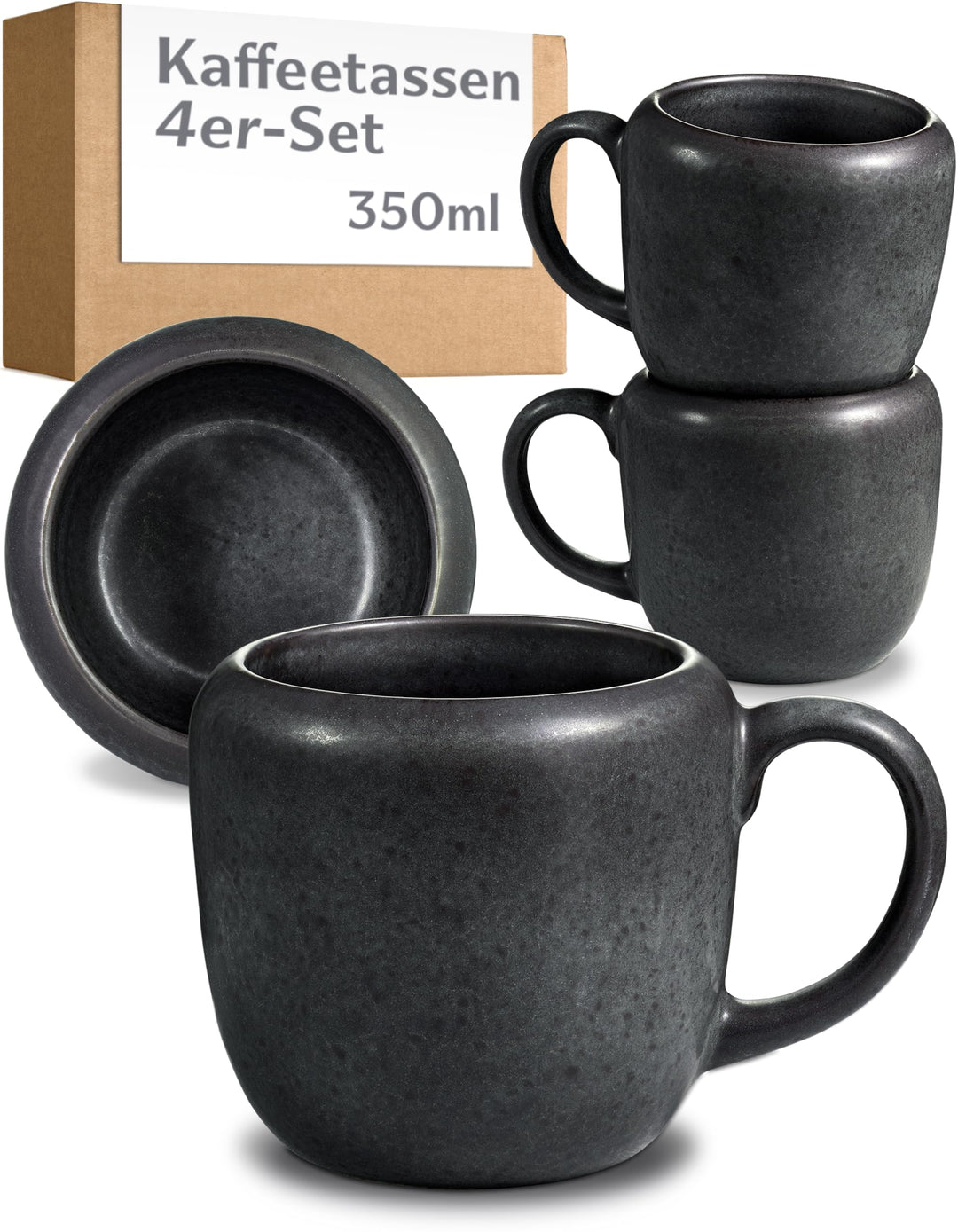 Cosumy 4er Kaffeetassen Set Schwarz – 350 ml Kaffeebecher – Dickwandiges Steingut Geschirr, das Lang