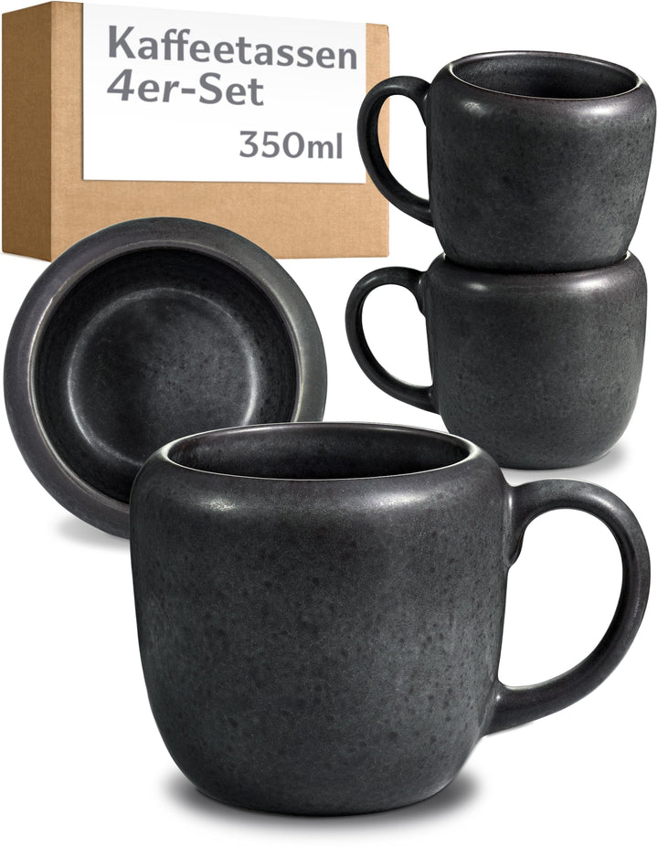 Cosumy 4er Kaffeetassen Set Schwarz – 350 ml Kaffeebecher – Dickwandiges Steingut Geschirr, das Lang