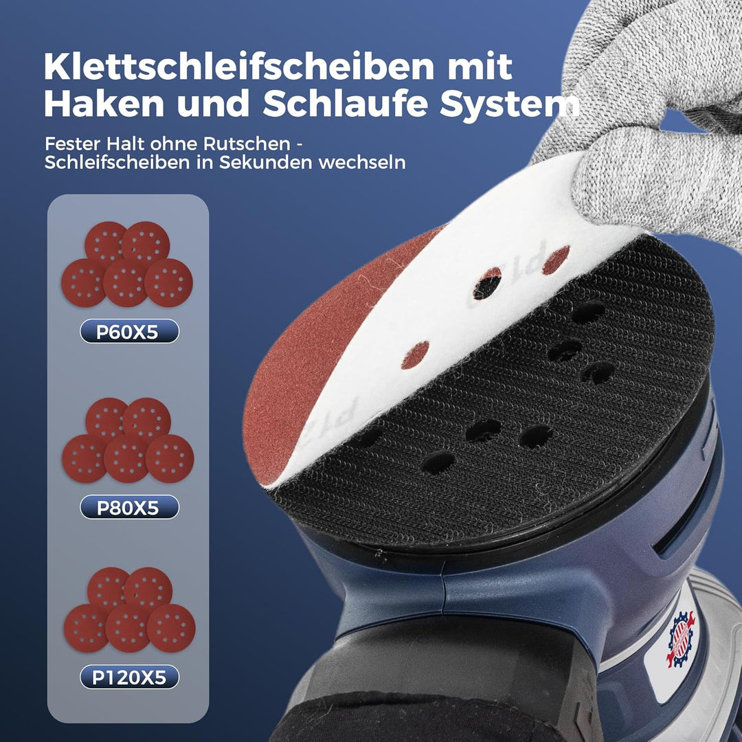 Exzenterschleifer 125mm mit Bremse, 350W Schleifmaschine für Holz mit 15 Schleifpapier & Staubabsaug