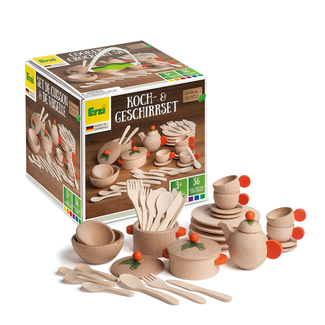 Erzi 10677 Koch- und Geschirrset Natur aus Holz, Kinderküche, Kaufladenartikel für Kinder, Rollenspi