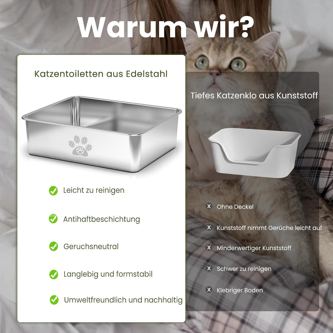 PTLOM Edelstahl Katzenklo, Grosse Katzentoilette aus Metall, Spritzwassergeschützt, Geruchsfrei und