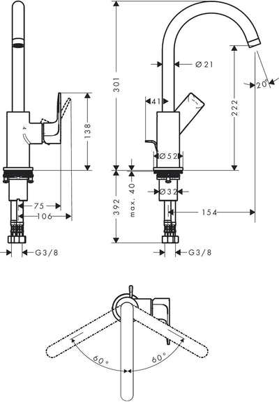 hansgrohe Waschtischarmatur Rebris E, Wasserhahn Bad mit Auslauf Höhe 210 mm, mit Zugstange, Badarma