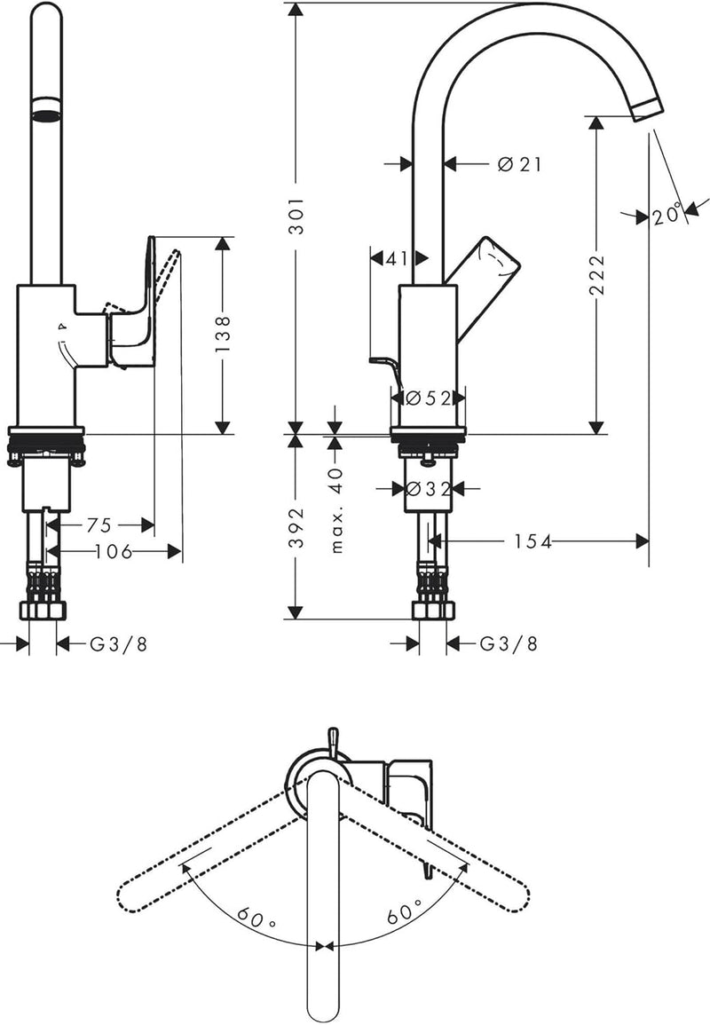 hansgrohe Waschtischarmatur Rebris E, Wasserhahn Bad mit Auslauf Höhe 210 mm, mit Zugstange, Badarma