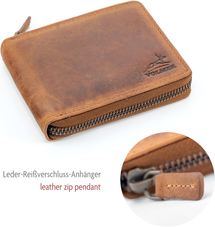 Fa.Volmer ® Herren Leder Geldbörse mit umlaufenden Reissverschluss - echtes Rindsleder - RFID-Schutz