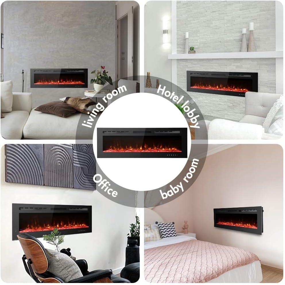 M.C.Haus Ultradünner Elektrischer Kamin, geräuscharm, 12 Verschiedene Flammen, versenkte Wandmontage