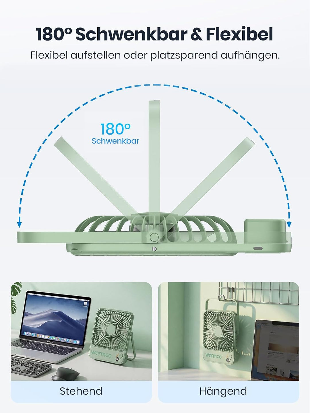 Warmco 10000mAh Tragbarer Ventilator 21 cm Hoch, Bis zu 24h Laufzeit, Ultra-dünn Leise Akku Tischven