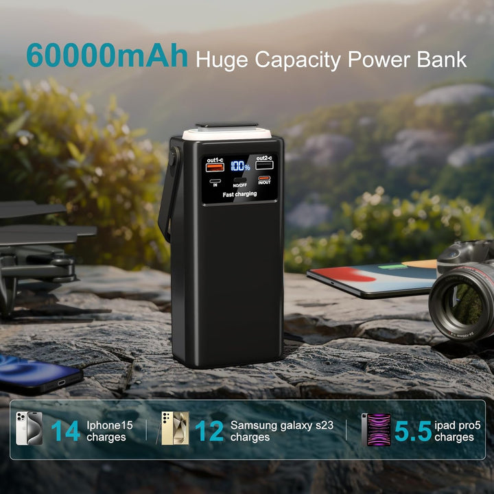 60000mAh Power Bank with Cable, 30W Powerbank PD USB C Schnellladefunktion Externe Akku mit LED-Disp