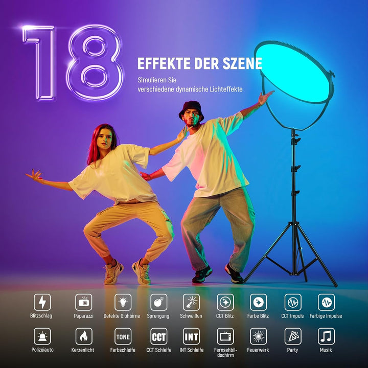 NEEWER 18" RGB Rundes LED Panel Videolicht mit APP Steuerung, Fotolicht 65W 6000Lux/0,5m 2500K-8500K