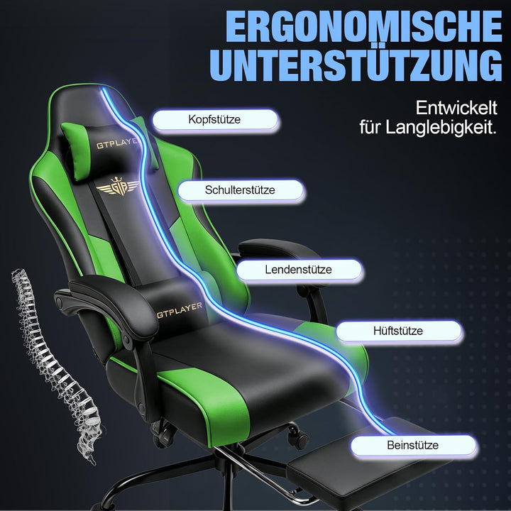 GTPLAYER Gaming Stuhl Chair Gamer Sessel - Ergonomischer Gamer Stuhl mit Fussstütze Kopfstütze und L
