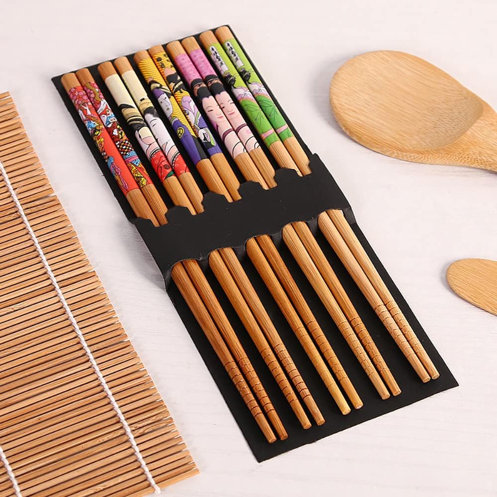 9 STK Sushi Set:2 Bambus Sushi Matte & 5 Paar Sushi Stäbchen & 1 Reislöffel & 1 Sushi Messer,DIY Sus