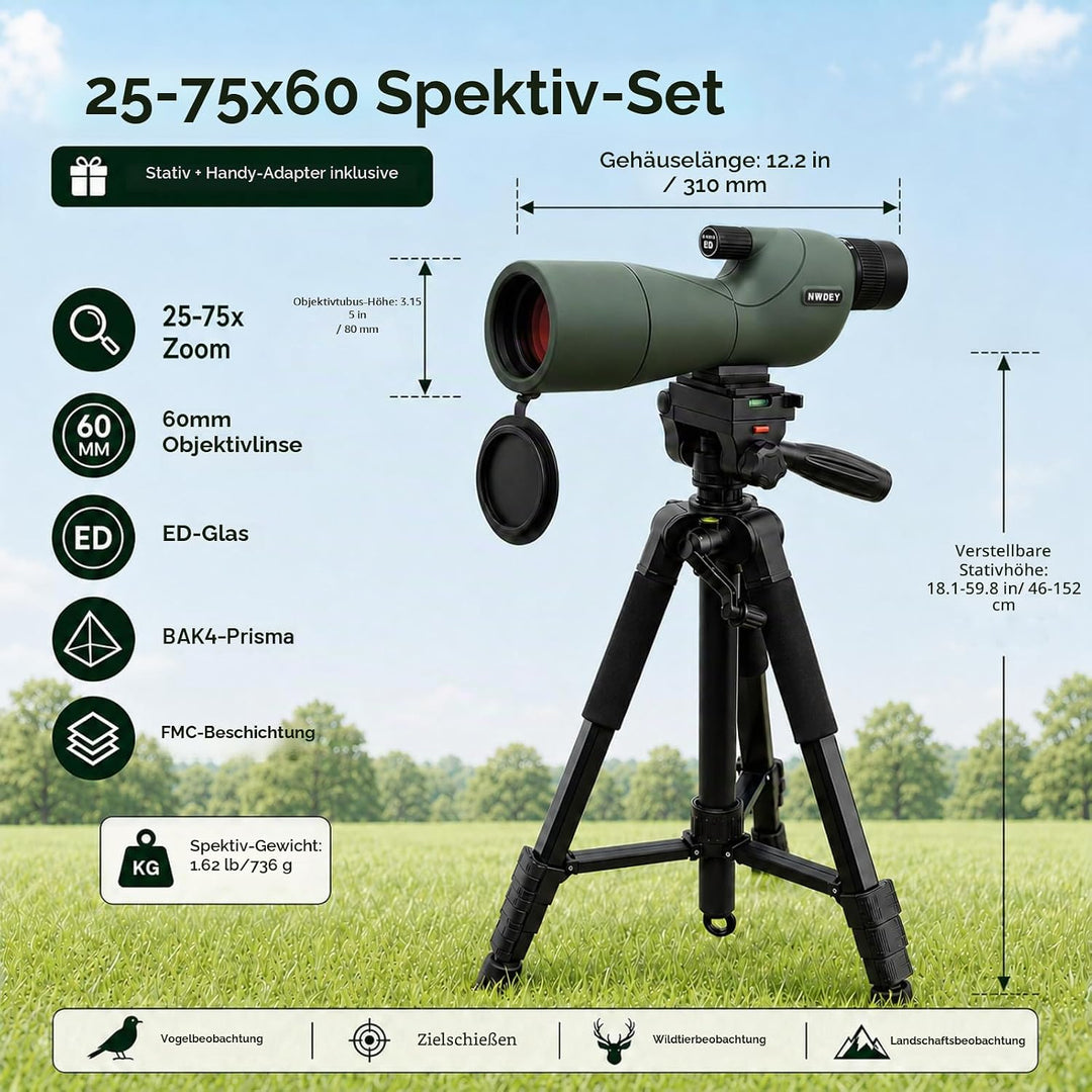 25-75X60 Spektiv mit 51 Zoll Stativ Spektiv für Zielschiessen Jagd Vogelbeobachtung Low Light Vision