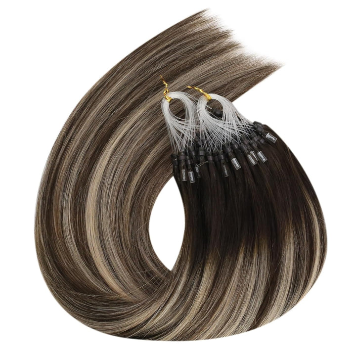Ugeat 55cm Haarverlängerung Micro Bondings Balayage 4/18/4 Dunkelbraun Ombre Aschblond Microlink Hai
