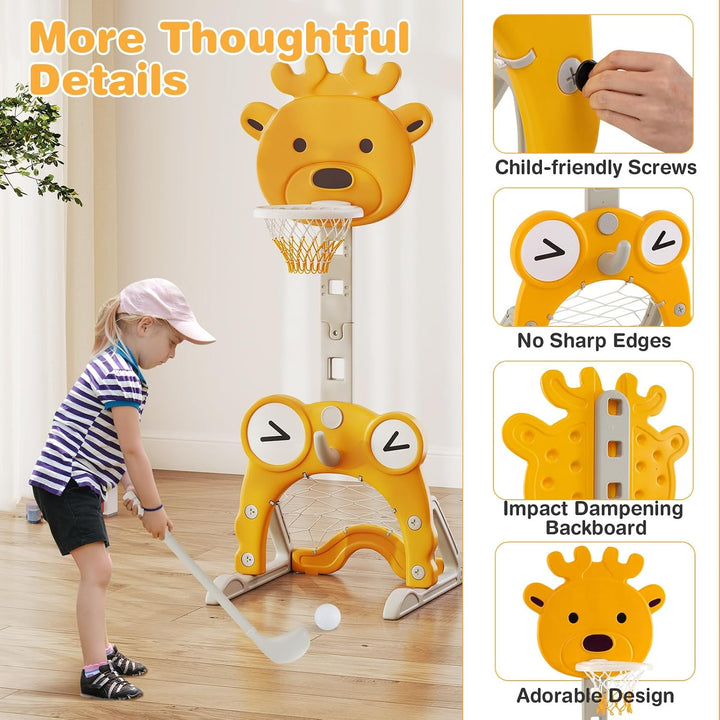 HOMASIS 4 in 1 Kinder Basketballkorb Set, multifunktional Basketballständer mit Fussballtor &amp; Golf &amp;