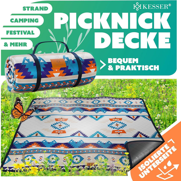 KESSER® Picknickdecke Campingdecke 200x200cm Stranddecke mit wasserdichter Unterseite dreilagig | Be